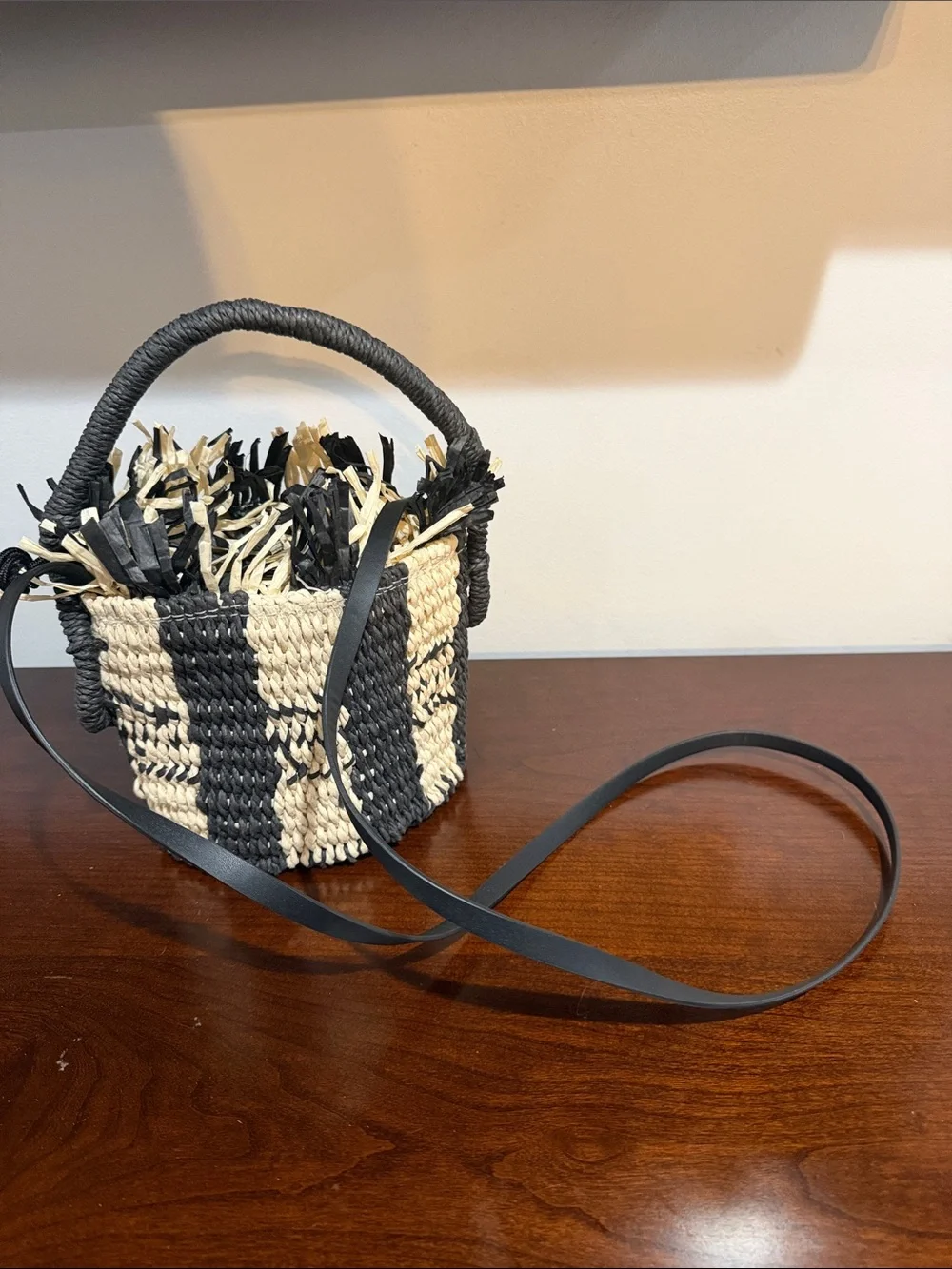 Handwoven Straw Bucket Bag - Black & Natural